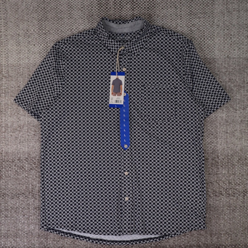 Tailor Vintage Mens Short Sleeve Button Down Shirt Dark Blue Geometric Print L